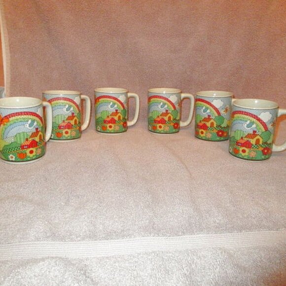 SET OF 6 Vintage OTAGIRI Butterfly RAINBOW Coffee MUGS Cross Stitch HOUSE Bird - Picture 2 of 10